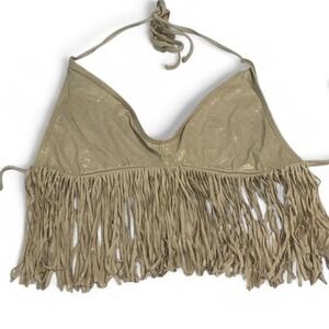 Luli Fama Taupe Fringe Halter Bikini Top with Shimmer